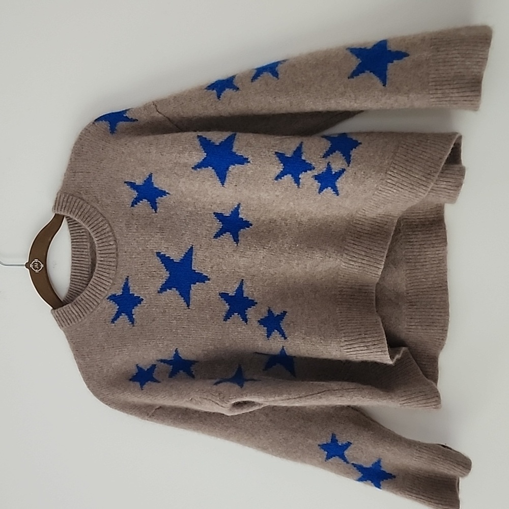 Zadig & Voltaire Tan Cashmere Blue Stars Crop 3/4 Sleeve Sweater S